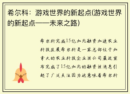 希尔科：游戏世界的新起点(游戏世界的新起点——未来之路)